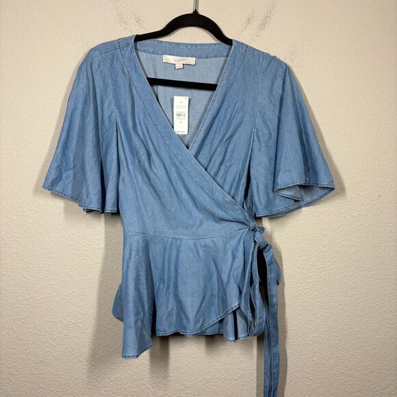 Loft Size XS Wrap Chambray Top Blouse Blue Belted V Neck Flared Sleeves - Picture 2 of 10
